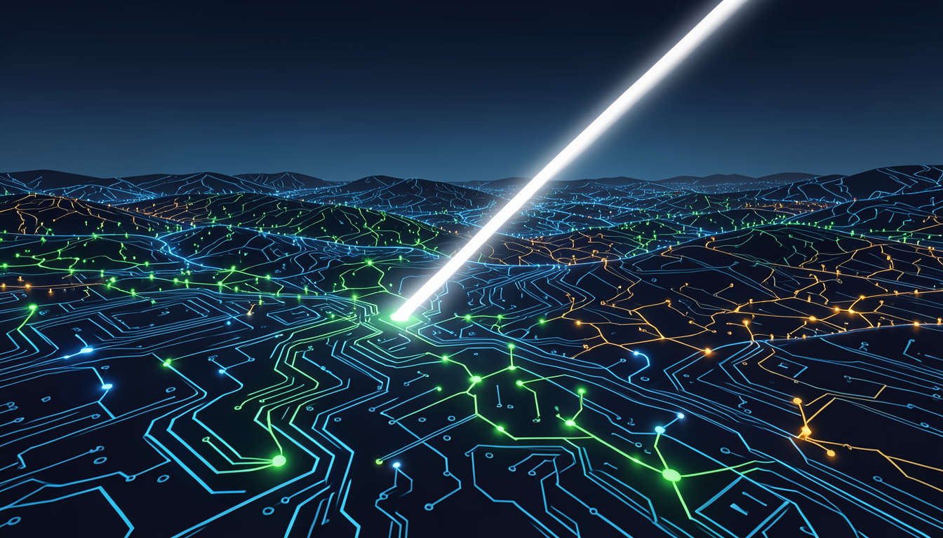 Ilustración de un paisaje de circuitos recorrido por un haz de luz, en referencia a una auditoría de inteligencia artificial
