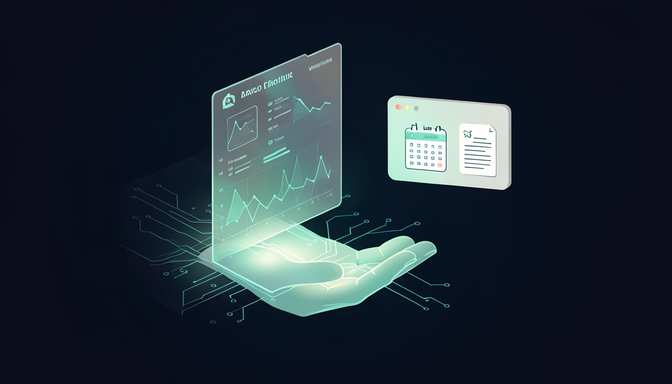 Ilustración de una mano con gráficos médicos y una interfaz simplificada flotando encima, en estilo digital futurista