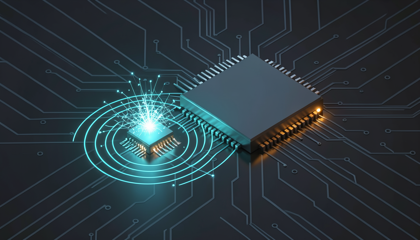 Ilustración de un chip pequeño con una red de luz más densa junto a un chip mucho más grande, representando a DeepSeek V4 Flash superando a un modelo mayor