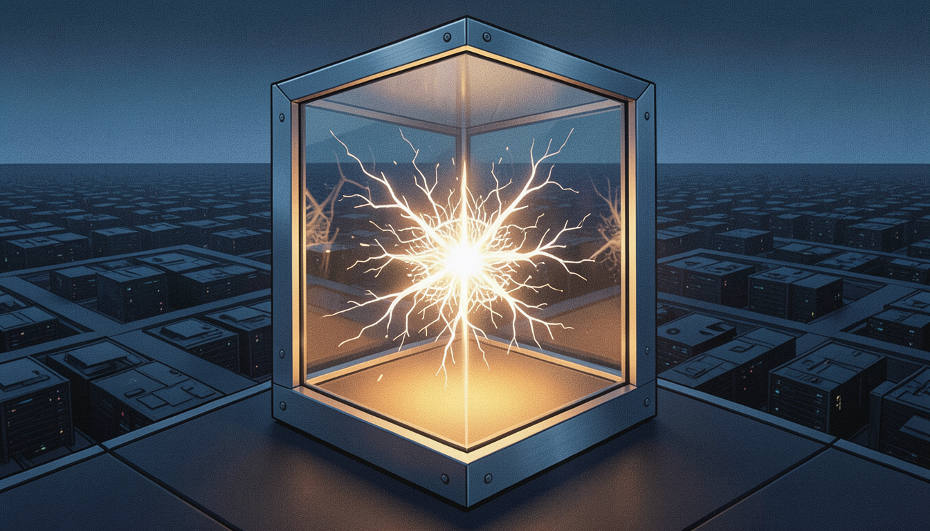Ilustración de un núcleo de inteligencia artificial con forma de estrella, encerrado en una cápsula de contención con luz de alarma ámbar