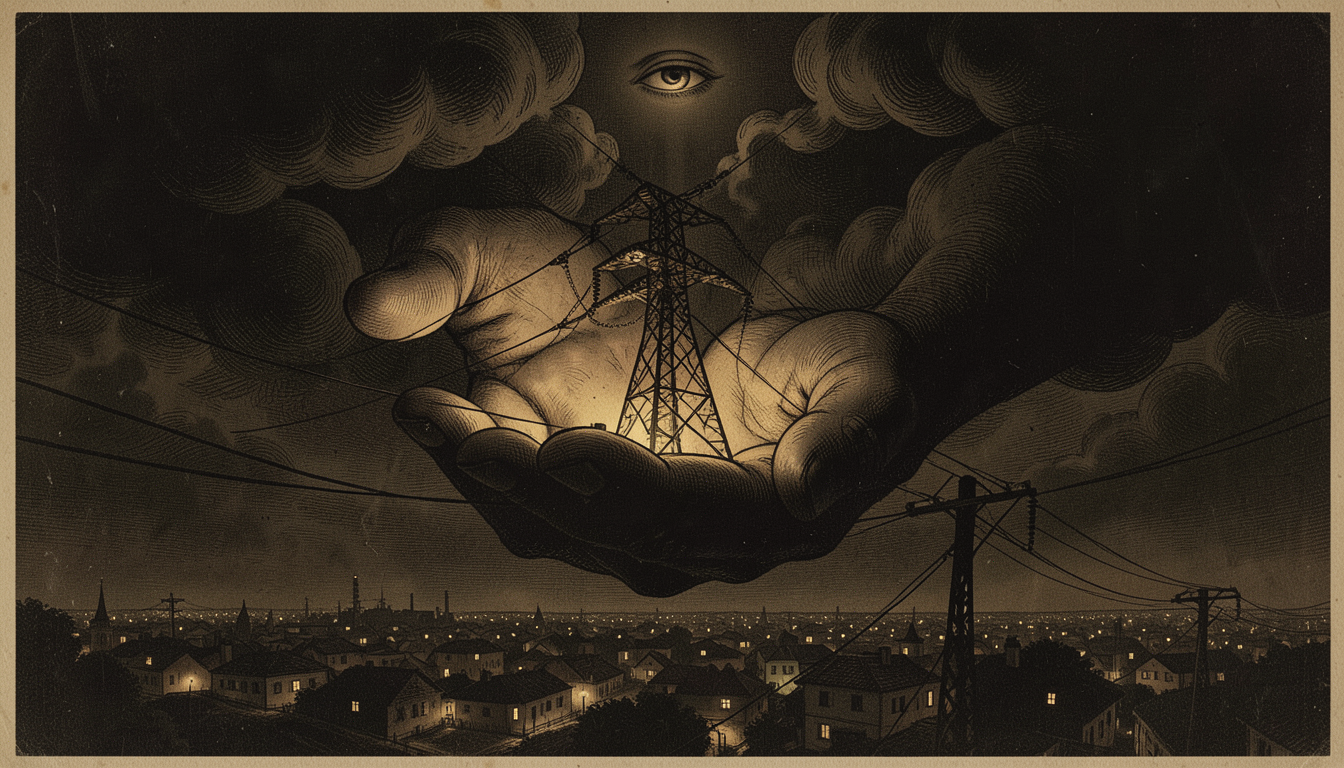 Ilustración de una mano oscura y gigante sosteniendo una torre eléctrica sobre un pueblo, con un ojo apenas visible entre las nubes, en tono ocre y sombras