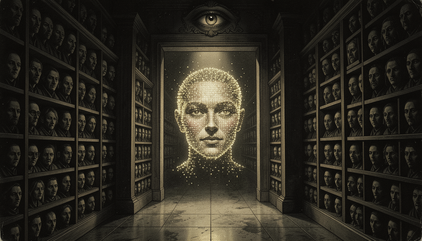 Ilustración de un rostro de datos disolviéndose en un archivo infinito de rostros, vigilado por un ojo en la sombra