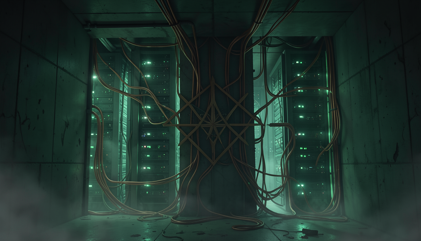 Ilustración conceptual de servidores informáticos en un recinto subterráneo entre sombras y luces verdes