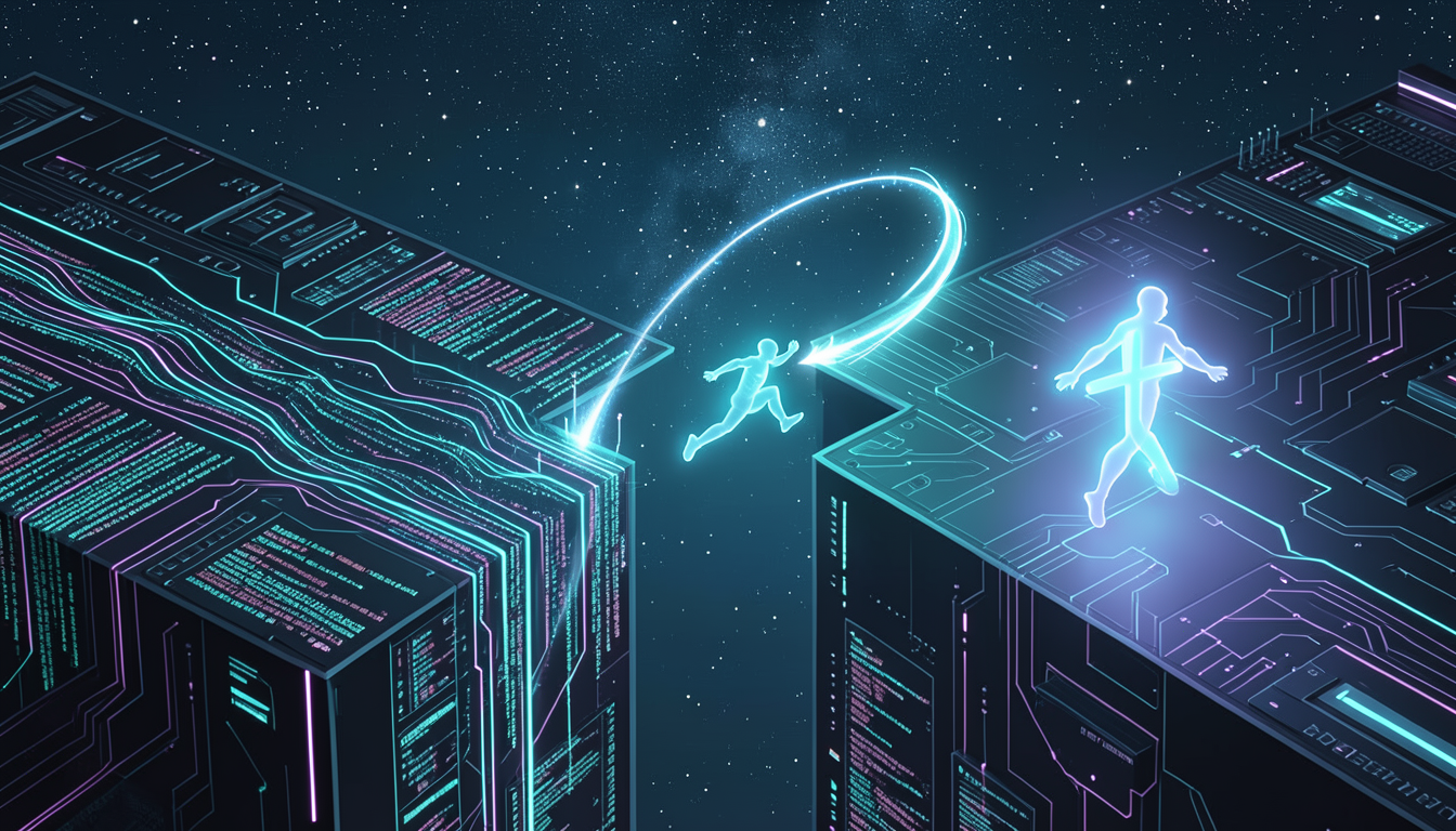 Ilustración de una figura saltando entre dos plataformas de circuitos, una cubierta de datos y la otra con un símbolo luminoso de axioma