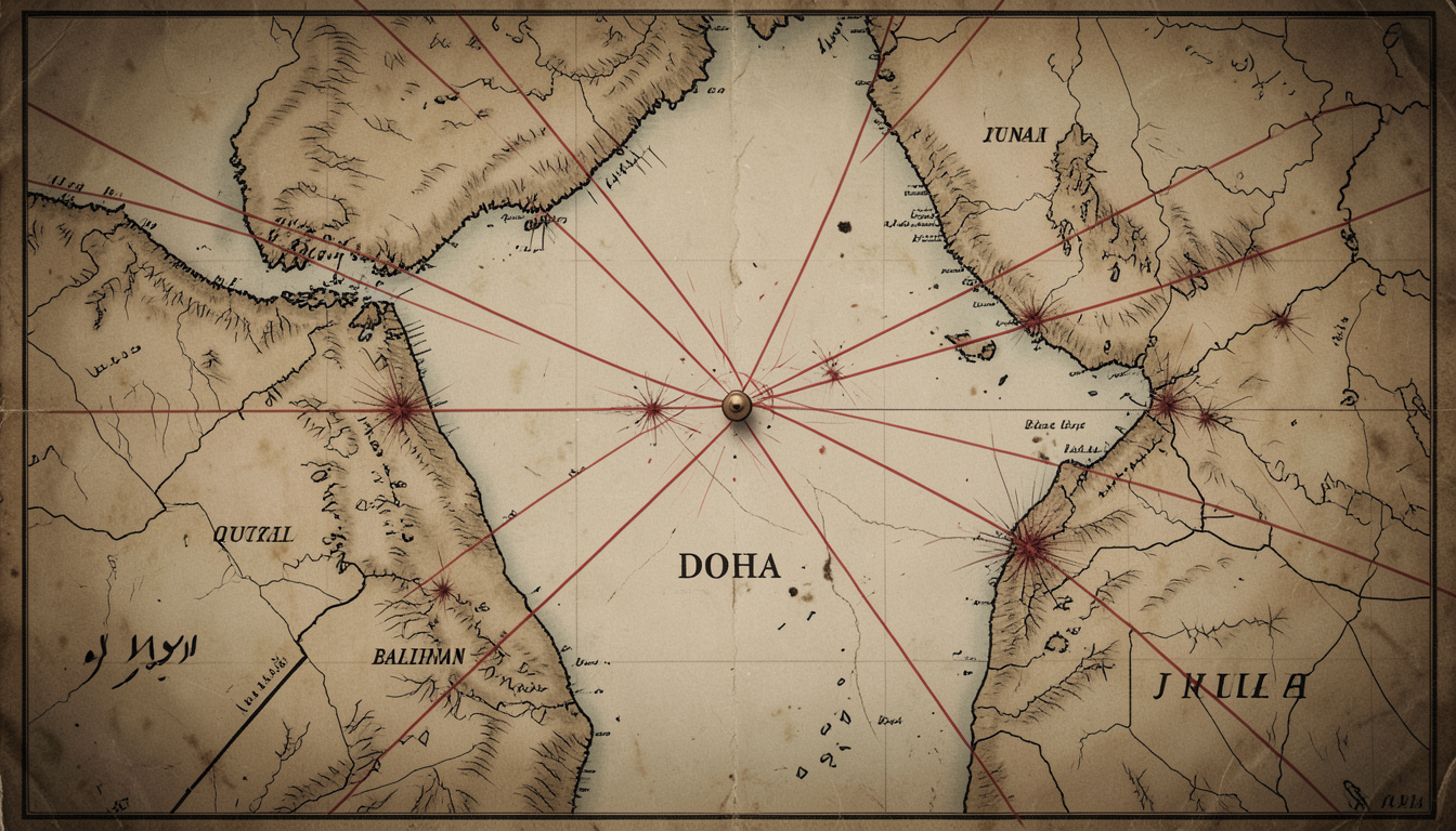 Ilustración de un mapa envejecido del golfo Pérsico con líneas de conflicto que cruzan el estrecho de Ormuz y un punto que marca a Doha aislado de los frentes de combate.