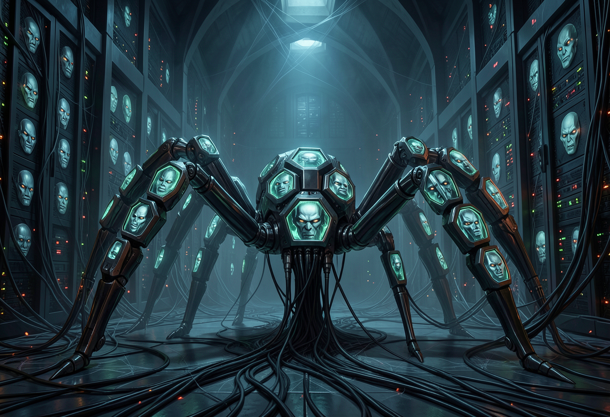 Ilustración: una araña mecánica colosal cubierta de pantallas octogonales, cada una con un rostro androide hostil distinto, en una catedral de servidores.