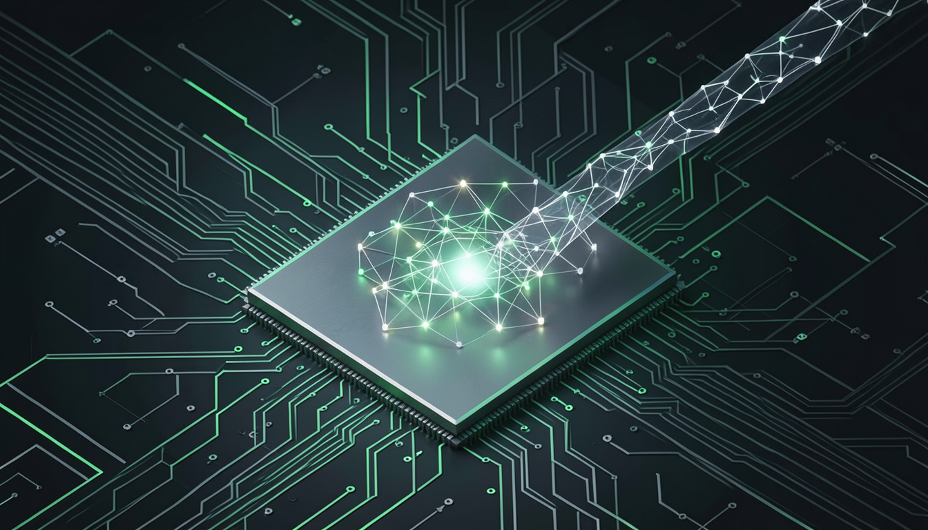 Ilustración de un monolito de chips que envuelve con un brazo de circuitos a un centro de datos más pequeño