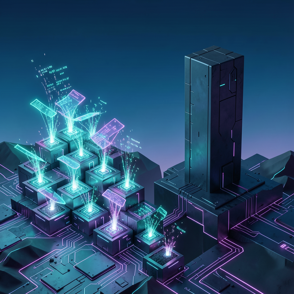 Ilustración: pequeños núcleos de inteligencia artificial abiertos y luminosos ascienden como un paisaje de silicio hasta casi igualar a un monolito cerrado y oscuro.
