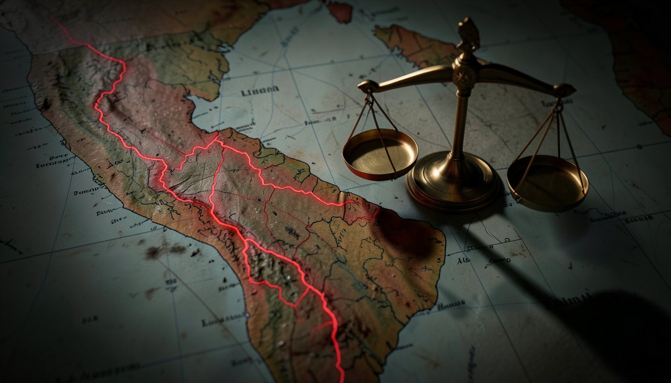 Ilustración editorial de un mapa de los Andes con Lima bajo la sombra de una balanza dorada