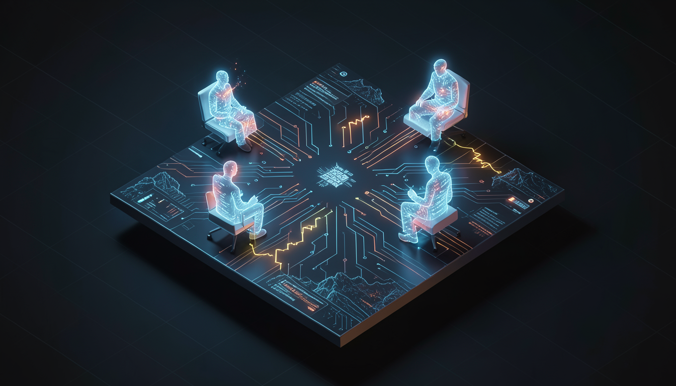 Ilustración de una mesa de directorio circuitada con cinco asientos de luz, uno vacío, y líneas de gráficos económicos como circuitos.