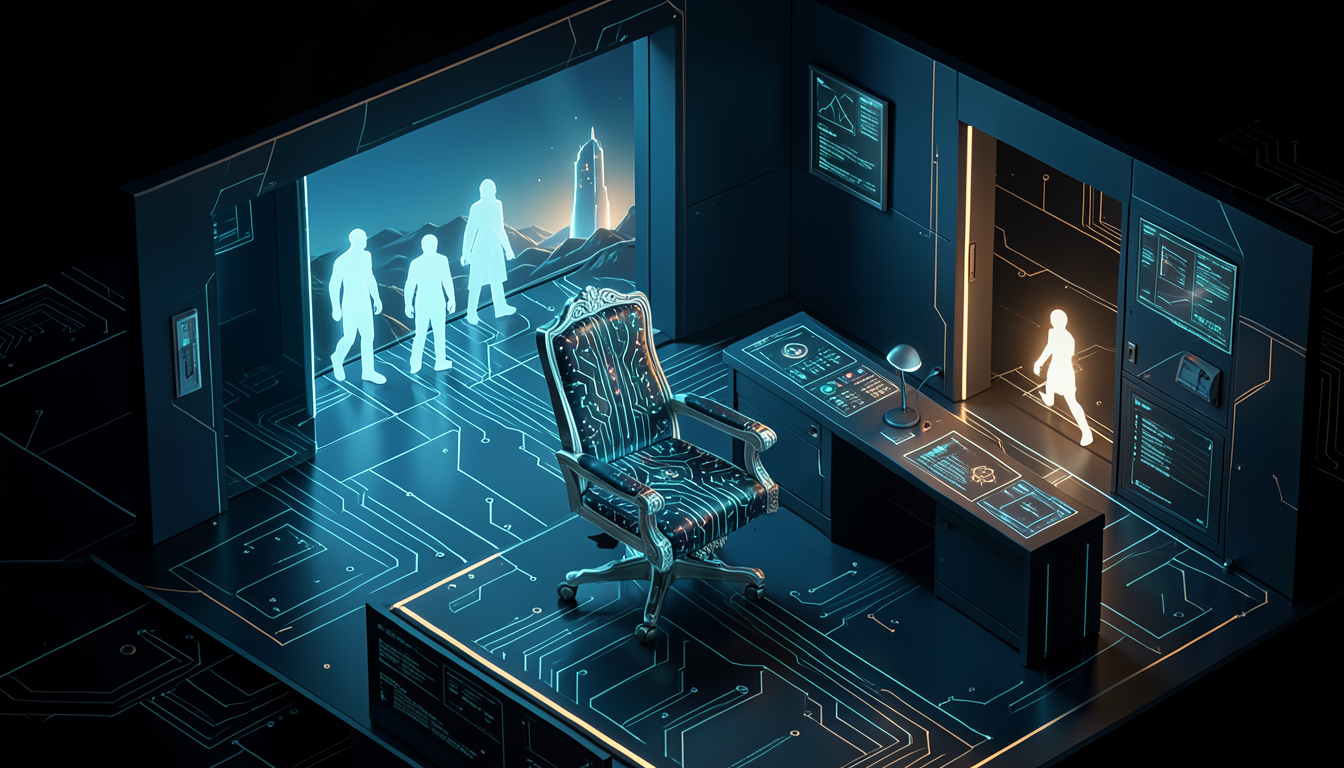 Ilustración de un salón de control de circuitos donde varias siluetas de luz se alejan hacia una estructura nueva en el horizonte