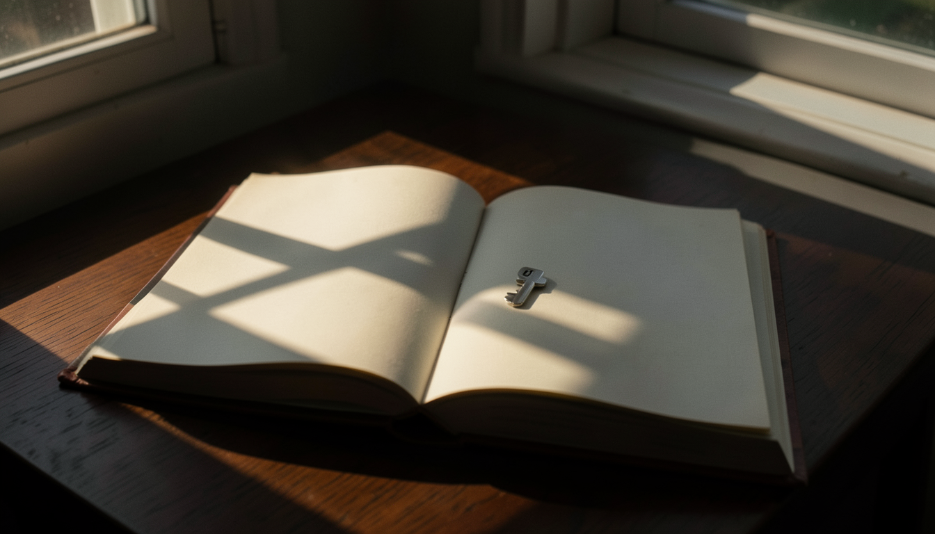 Un libro abierto sobre una mesa de madera oscura con sombras cruzando el papel, ilustrando la poesía del reverso.