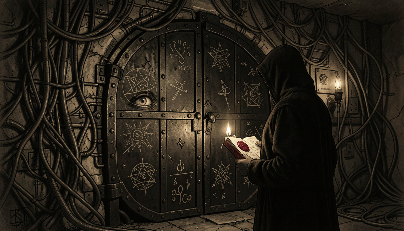 Ilustración de una puerta blindada con un ojo entreabierto detrás de cables, vigilada por una figura encapuchada con un libro de sellos de cera