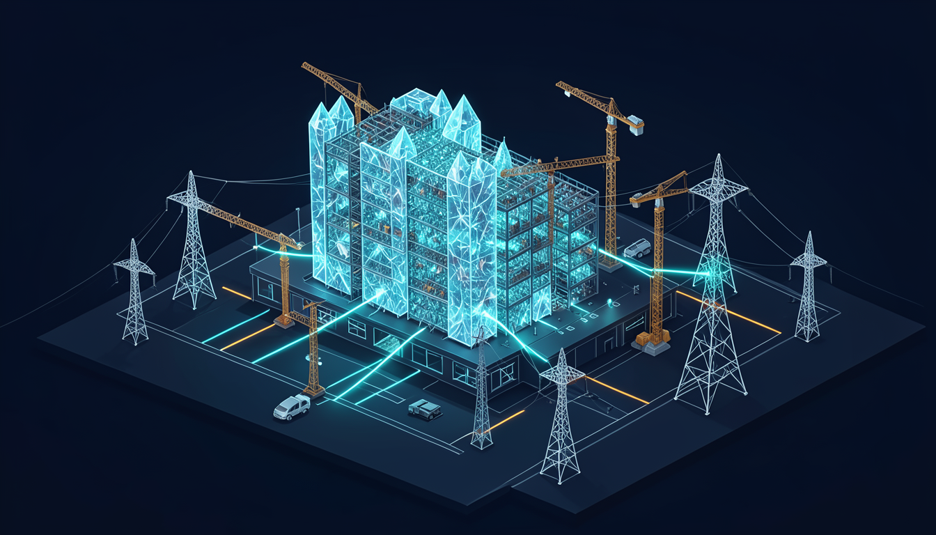 Ilustración de un centro de datos futurista en construcción, alimentado por torres de energía, en tonos cian y ámbar sobre fondo oscuro
