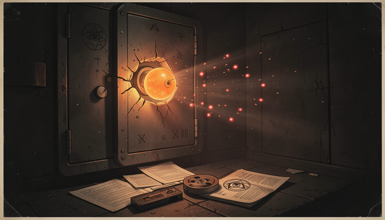 Ilustración de una bóveda de archivos oficiales entreabierta de la que escapa un orbe naranja luminoso seguido de esferas rojas más pequeñas, entre documentos tachados y un sello con un ojo