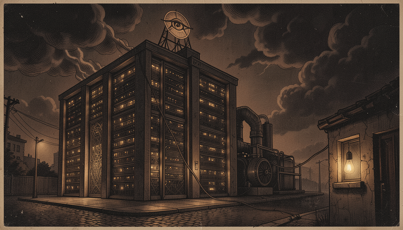 Ilustración de un centro de datos iluminado con su propio generador mientras la luz de una casa vecina se apaga