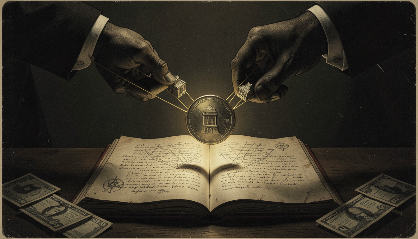 Ilustración de una mano de sombra que tira de hilos dorados entre pequeños bancos centrales alrededor de un globo. Los hilos se unen en una ficha digital sobre un libro contable, con billetes de papel inmóviles al costado