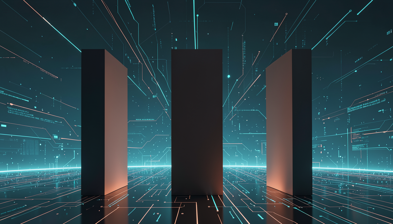 Ilustración conceptual de tres monolitos frente a un horizonte de circuitos integrados y datos