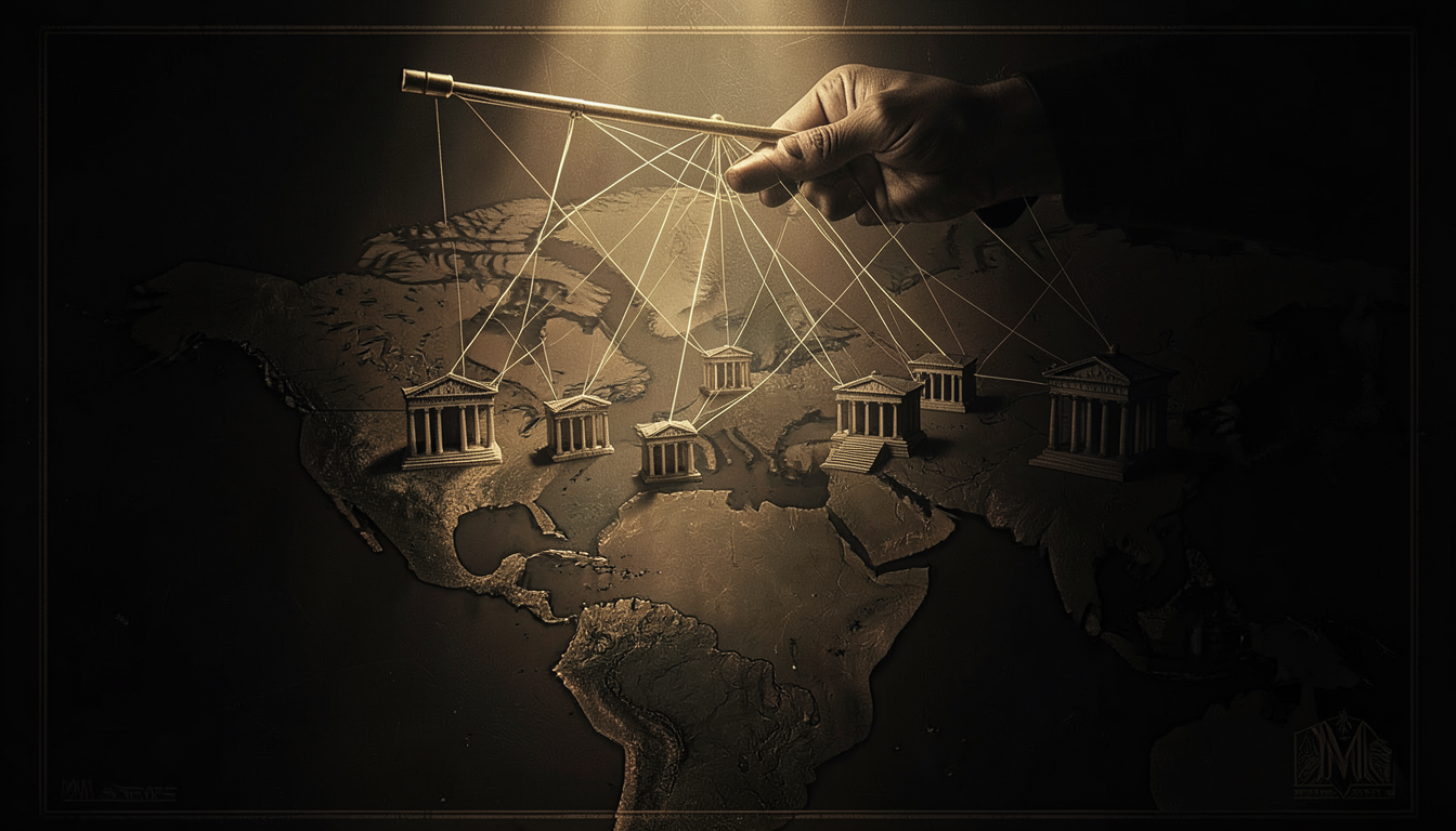 Ilustración en claroscuro: una barra de marioneta con hilos que descienden sobre una red de pequeños templos e instituciones conectados por hilos luminosos, sobre un mapa oscuro de América.