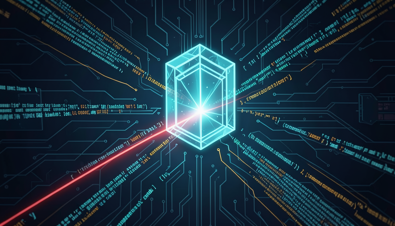 Ilustración de un portal digital que filtra comandos de código, dejando pasar la mayoría y desviando uno marcado en rojo