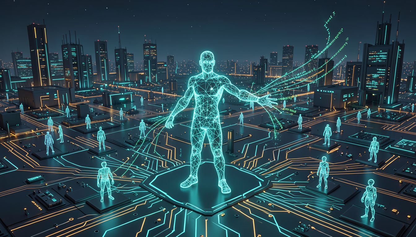 Ilustración de un agente de inteligencia artificial representado como una figura hecha de objetos de código sobre un paisaje de circuitos