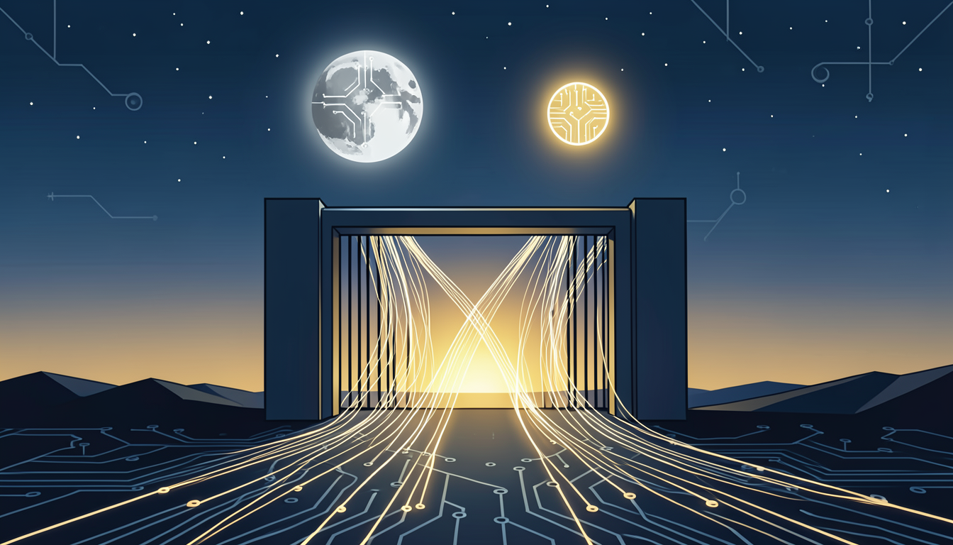 Ilustración de una luna y un sol hechos de circuitos que abren una compuerta digital por la que fluye luz de datos