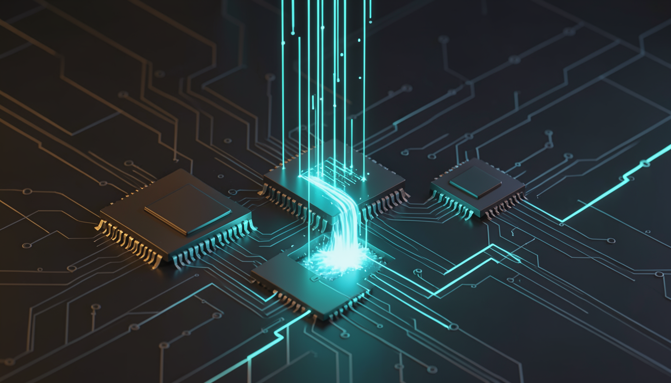 Ilustración de tres chips de tamaño decreciente con datos en cascada, representando el recorte de precios de los modelos de OpenAI
