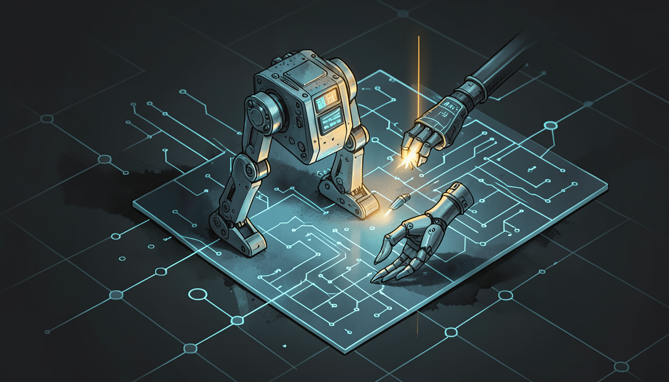 Ilustración editorial de robótica humanoide y circuitos de control