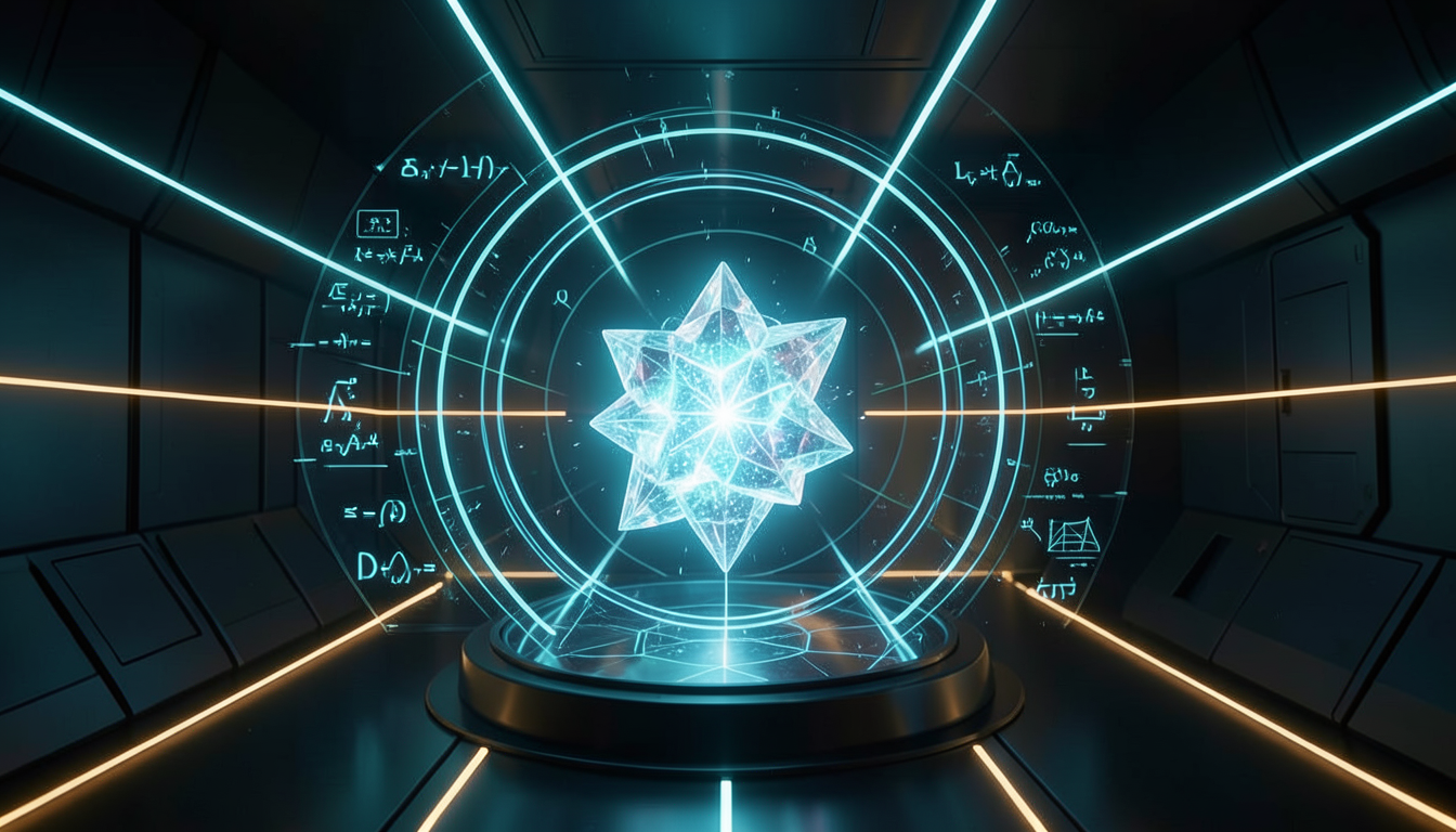 Ilustración conceptual de un núcleo de inteligencia artificial suspendido en una cámara cuántica de contención