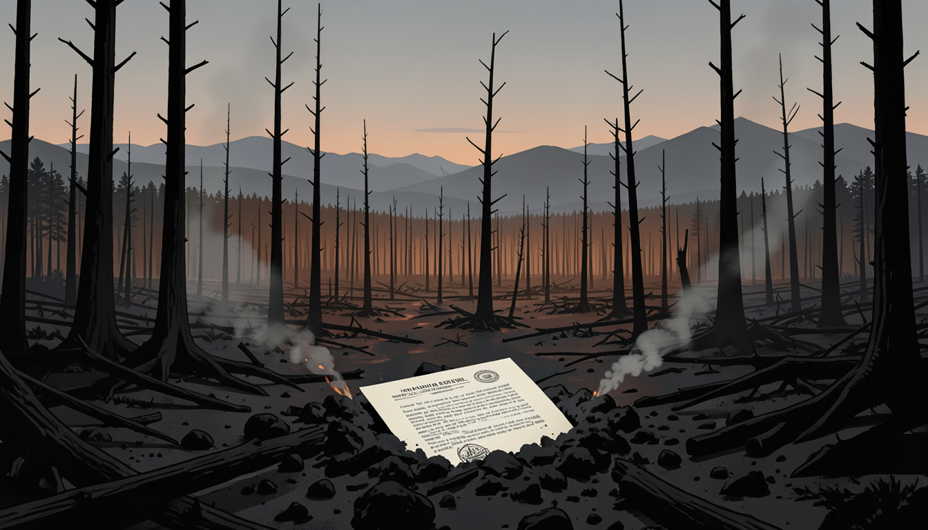 Un bosque patagónico quemado con un decreto oficial semienterrado entre las cenizas