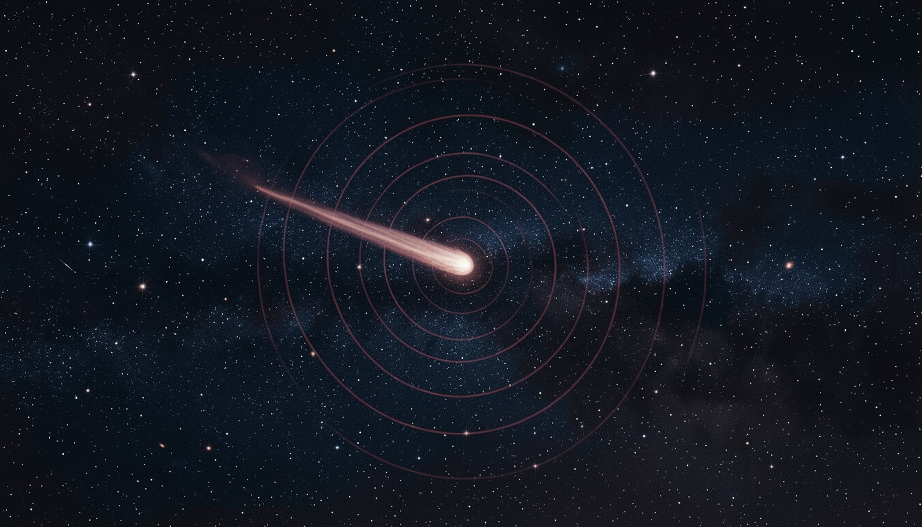 Ilustración de un cometa interestelar atravesando ondas de radio que se apagan en el espacio