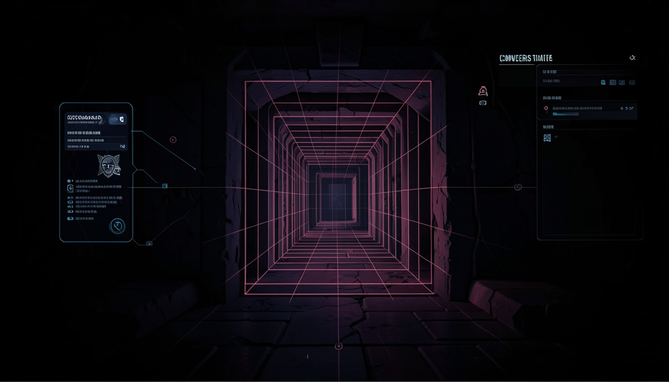 Ilustración de un documento y una geometría facial frente a una puerta digital oscura