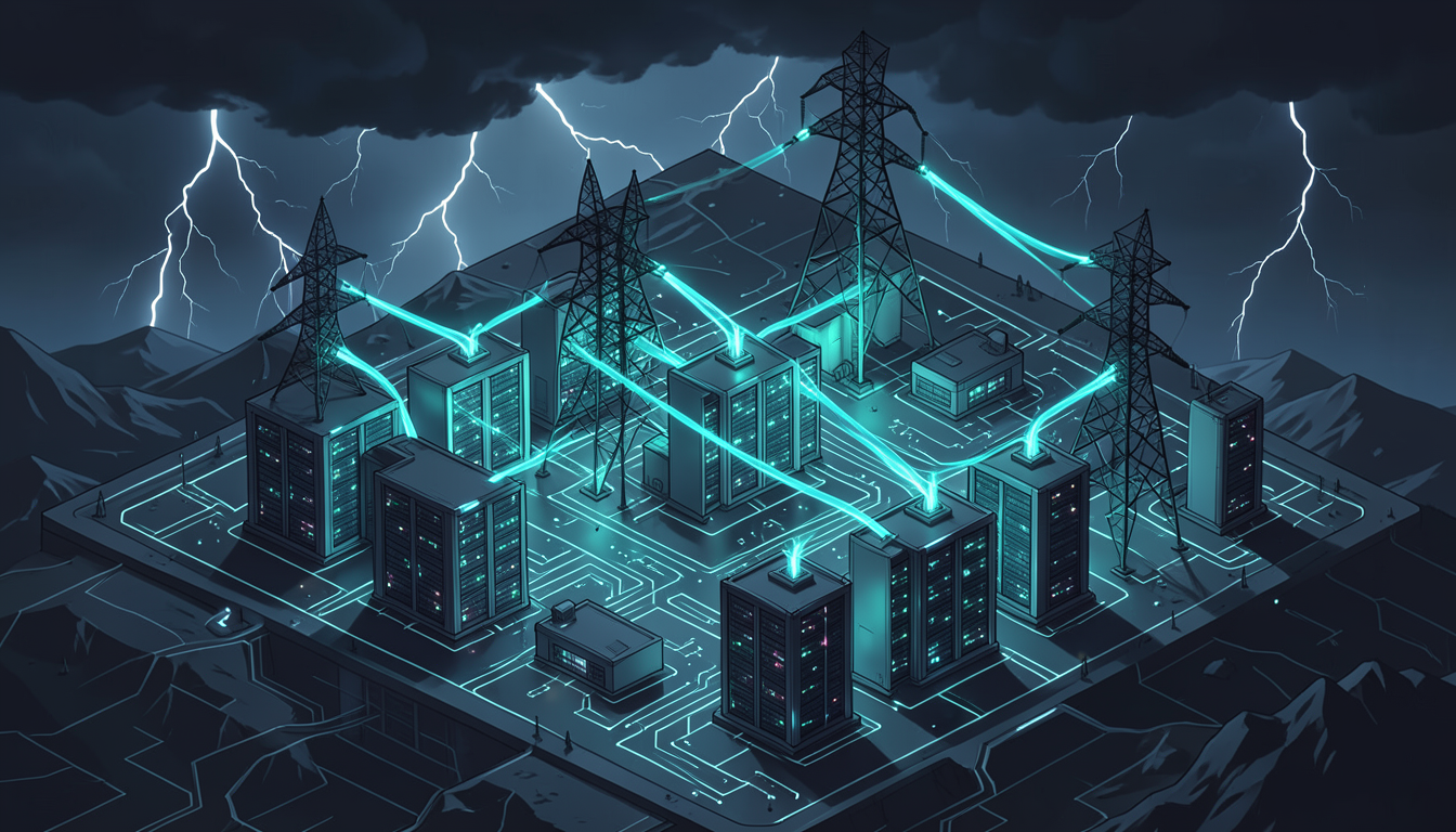 Centros de datos y tendido eléctrico en una ilustración geométrica de racionamiento de energía