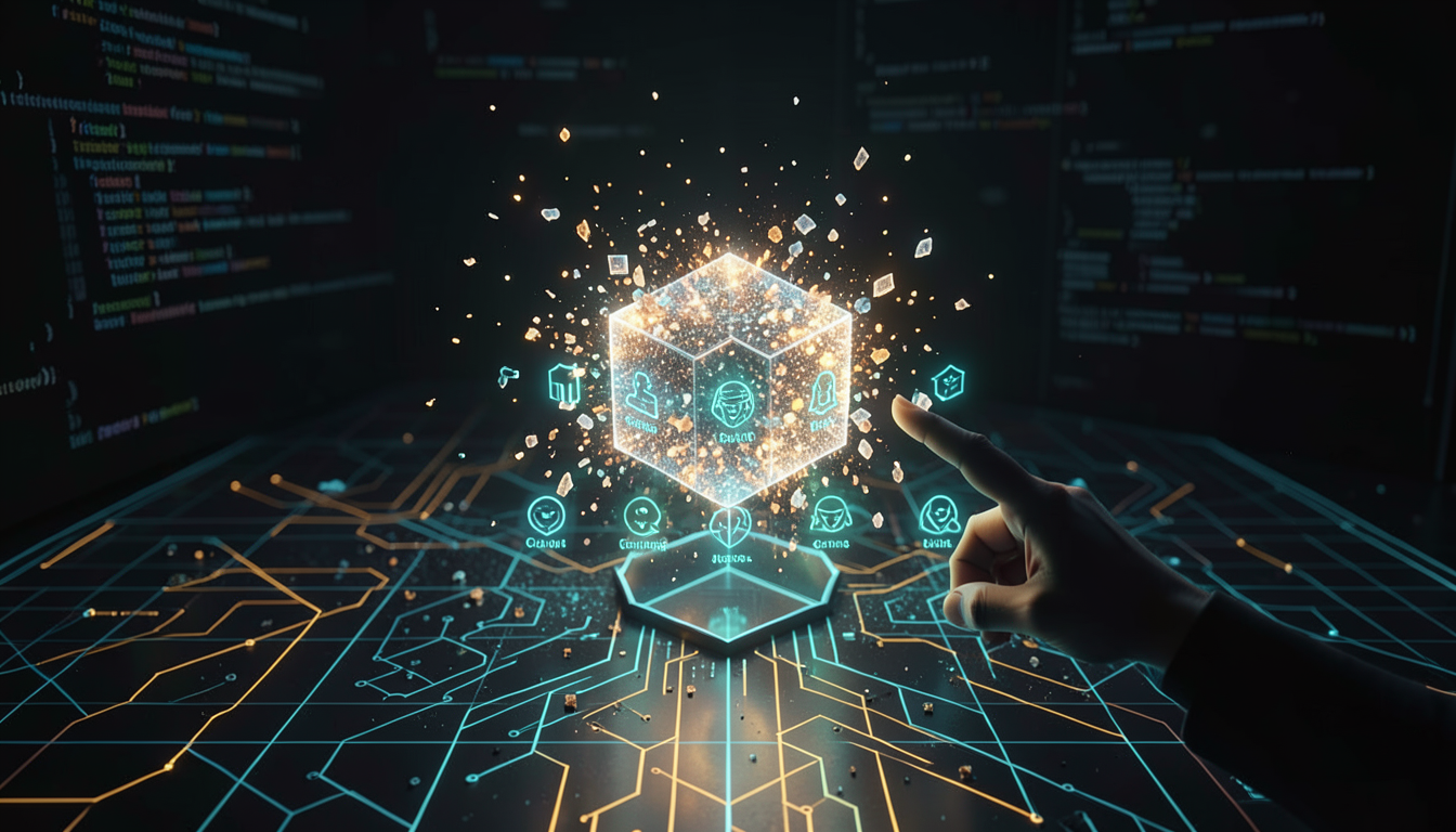 Ilustración futurista de una celda de panal digital brillando entre íconos de modelos de IA y disolviéndose en fragmentos de luz