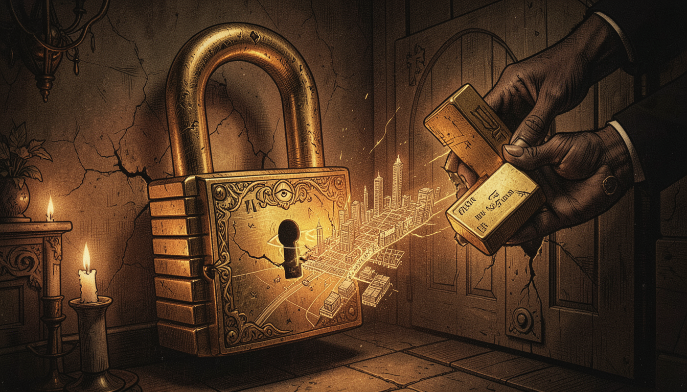 Ilustración de un candado de barras de oro cerrándose sobre un mapa de Shanghái, con una mano en sombras retirando oro de una bóveda occidental