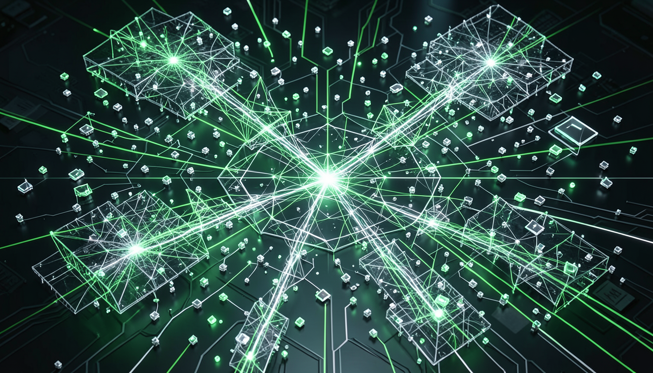Ilustración conceptual de una red neuronal que distribuye sus estructuras de datos a través de una matriz brillante