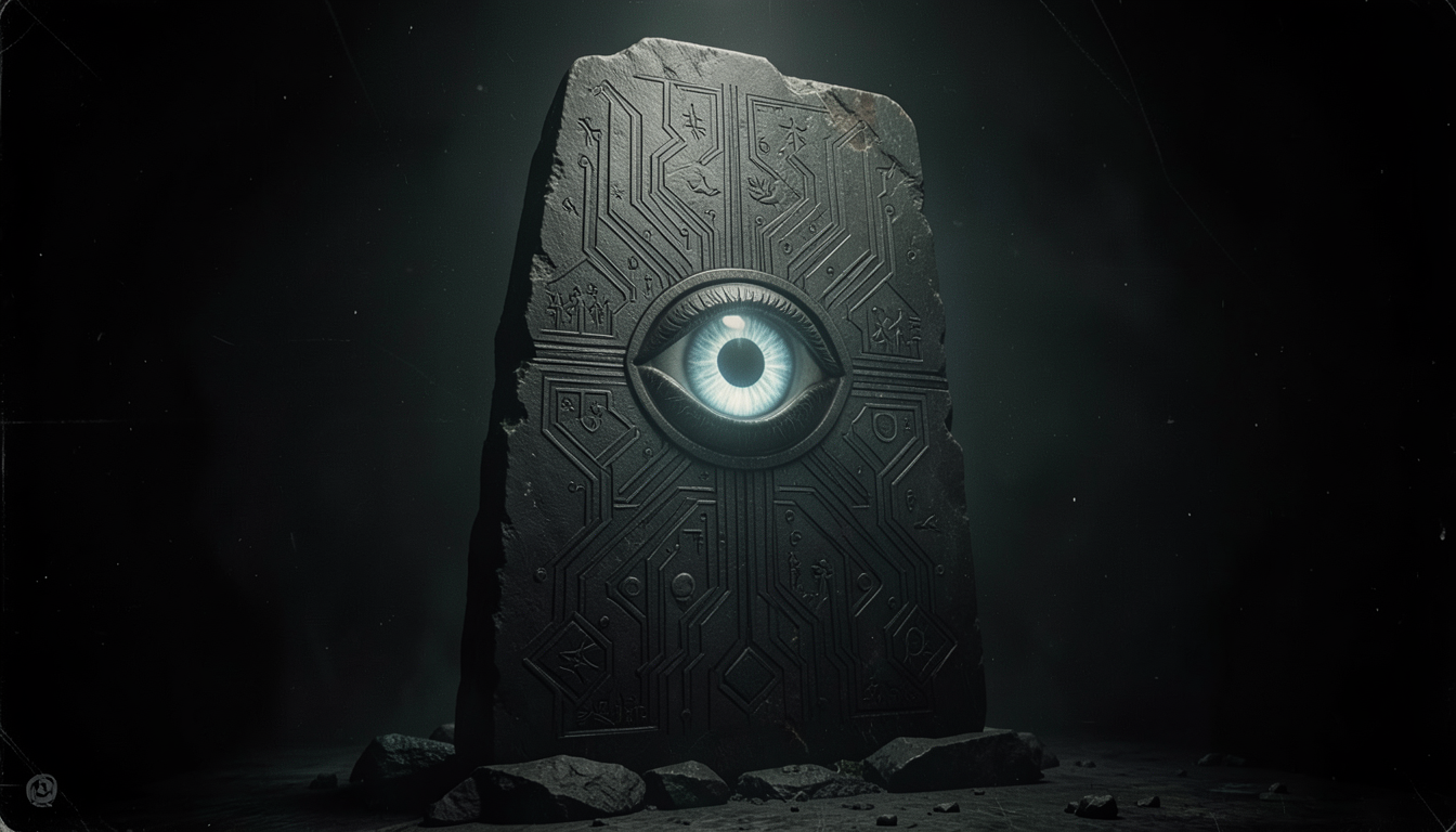 Monolito oscuro con patrones geométricos y un ojo digital en penumbra