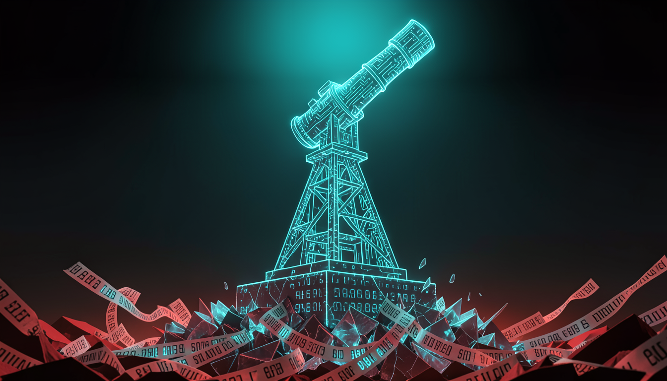 Ilustración de un telescopio de circuitos apuntando a un horizonte digital brillante, parado sobre una base de cifras bursátiles que se agrietan y caen