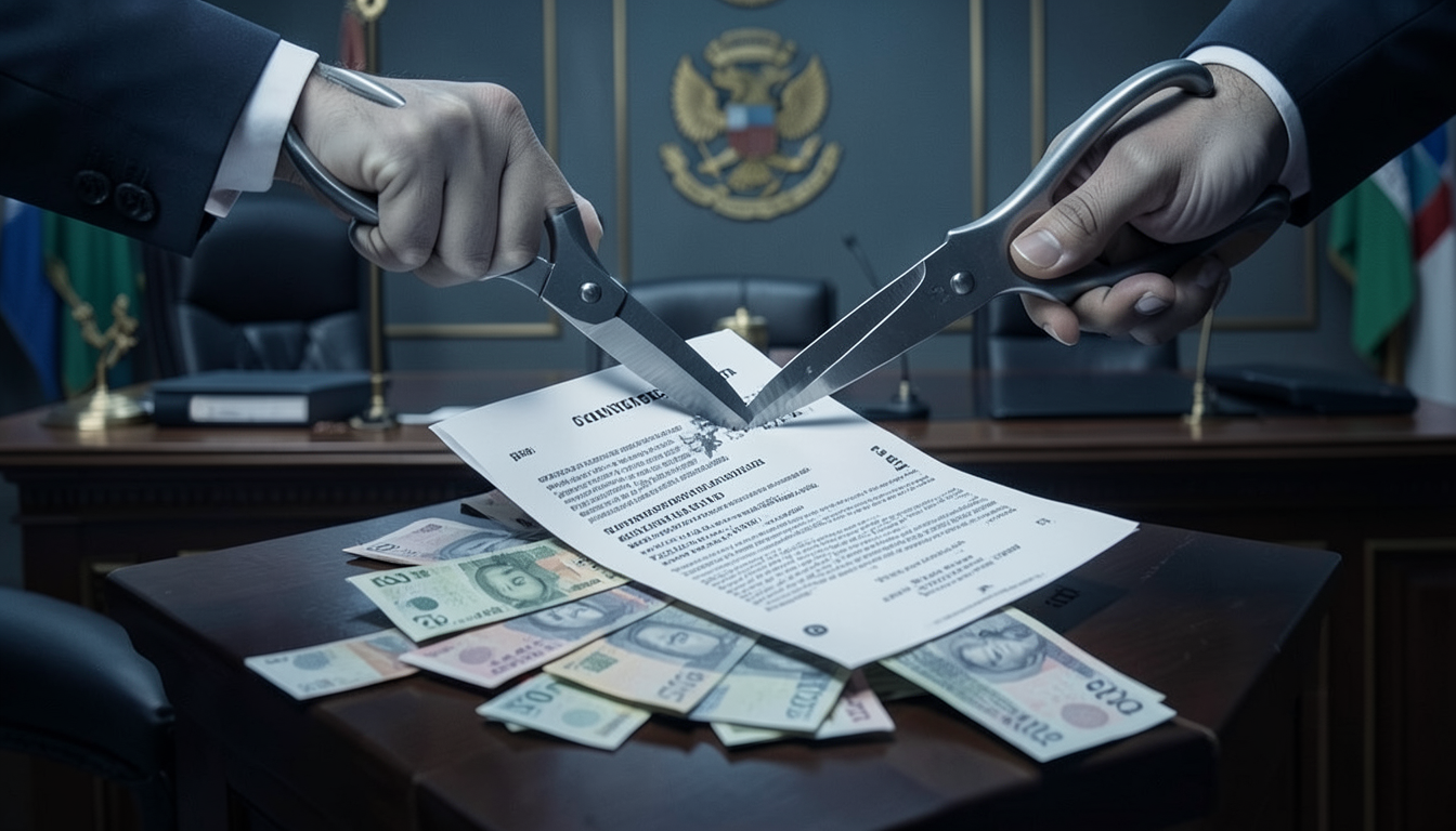 Ilustración editorial de una papeleta de votación cortada por tijeras fiscales sobre un escritorio del Congreso