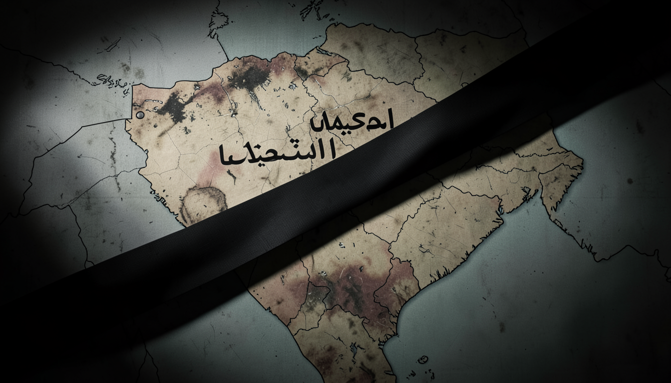 Ilustración geopolítica de un mapa envejecido de Irán con una cinta negra de luto y sombras proyectadas sobre las fronteras.