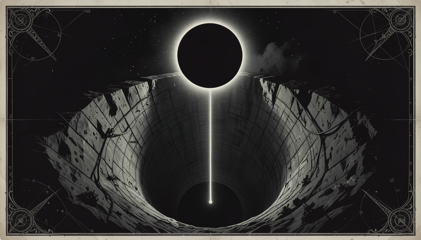Ilustración de un eclipse solar total sobre un túnel circular subterráneo que refleja su misma forma, en estilo de grabado oscuro y esotérico