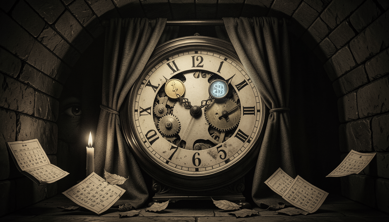 Ilustración en claroscuro de un reloj de calendario con una moneda de oro y un símbolo de moneda digital movidos por manos ocultas