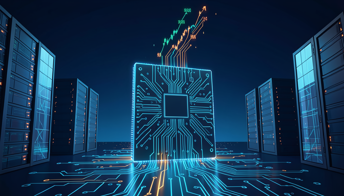 Ilustración de un chip de inteligencia artificial que se alza como un rascacielos sobre un paisaje de circuitos, con un gráfico bursátil ascendente al fondo